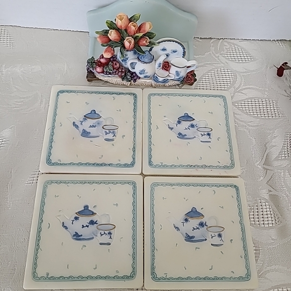 A.Richesco Co. Handpainted Set of 4 Square Coaster and Holder Vintage - Picture 8 of 12